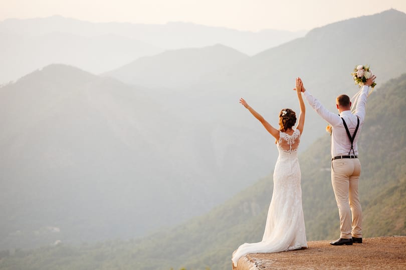honeymoon wedding couple travel at sunset